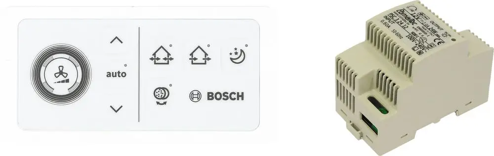 Weißes Bedienfeld mit Steuerungssymbolen für Lüftung, darunter ein Bosch-Hutschienennetzteil mit Lüftungsanschluss.